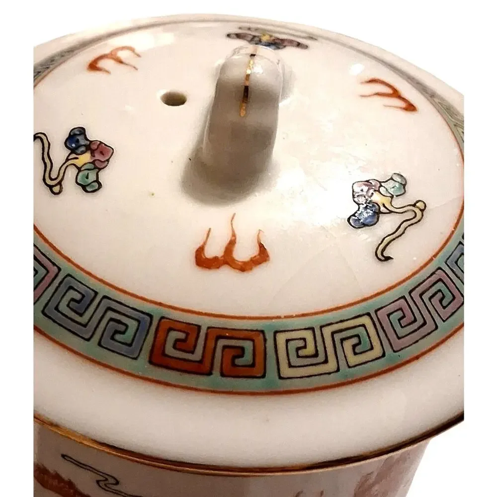 Vintage Chinese Mug with Lid Famille Rose Dragon Cup